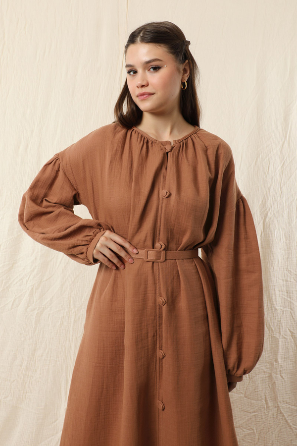 Yakası Büzgülü Düğmeli Elbise Oranj - 4