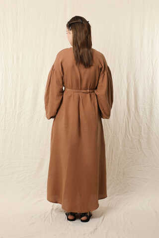 Yakası Büzgülü Düğmeli Elbise Oranj - 7