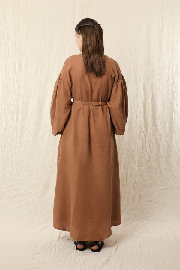 Yakası Büzgülü Düğmeli Elbise Oranj - 7