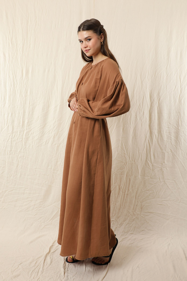 Yakası Büzgülü Düğmeli Elbise Oranj - 1