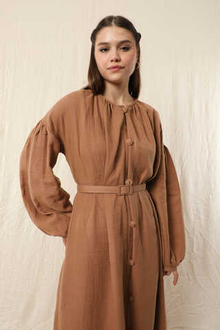 Yakası Büzgülü Düğmeli Elbise Oranj - 6