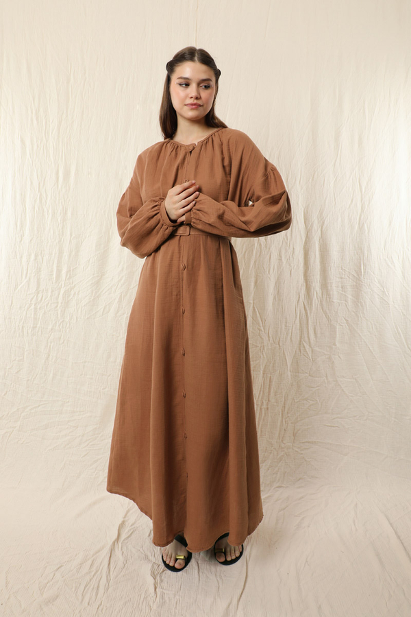 Yakası Büzgülü Düğmeli Elbise Oranj - 2