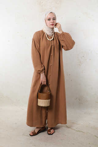 Yakası Büzgülü Düğmeli Elbise Oranj - 8