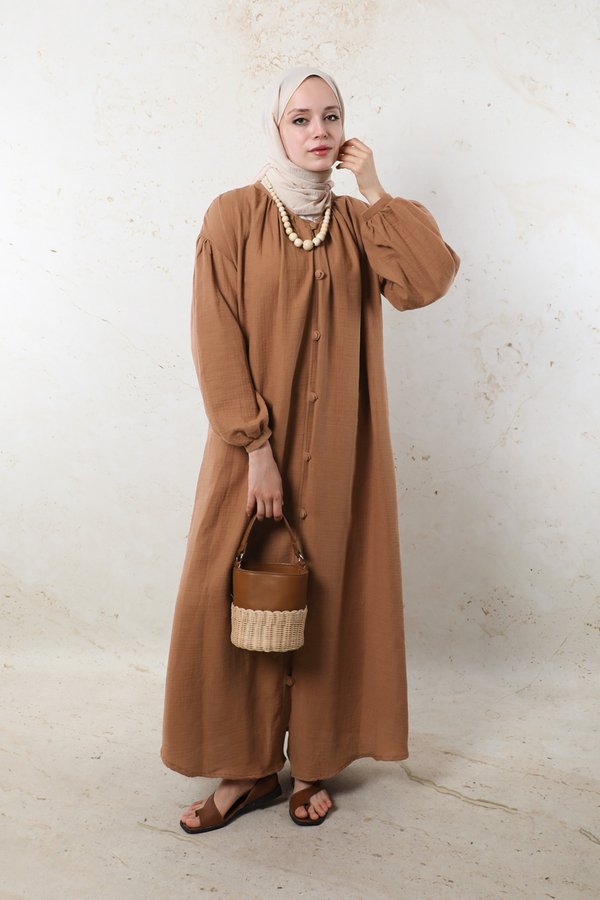 Yakası Büzgülü Düğmeli Elbise Oranj - 8