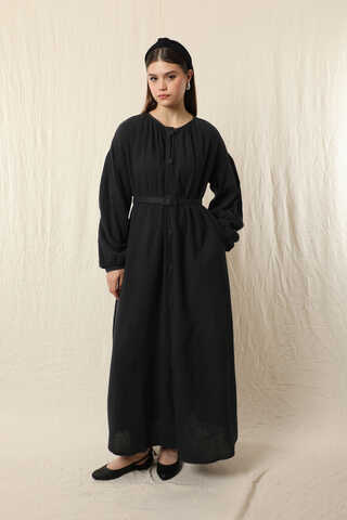 Yakası Büzgülü Düğmeli Elbise Siyah - 4