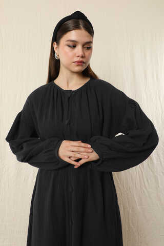 Yakası Büzgülü Düğmeli Elbise Siyah - 3