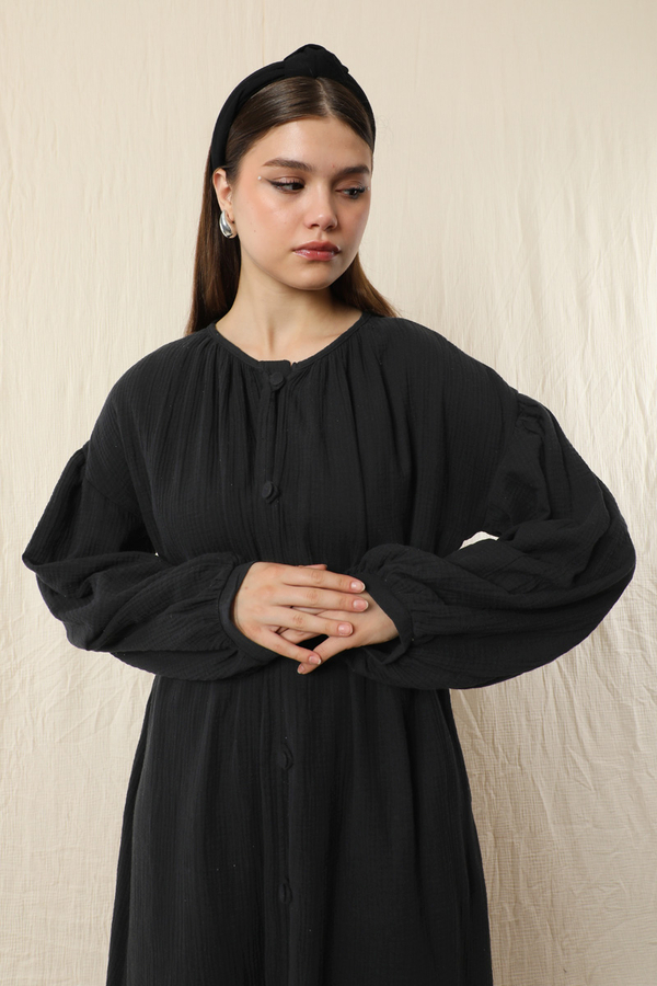 Yakası Büzgülü Düğmeli Elbise Siyah - 3