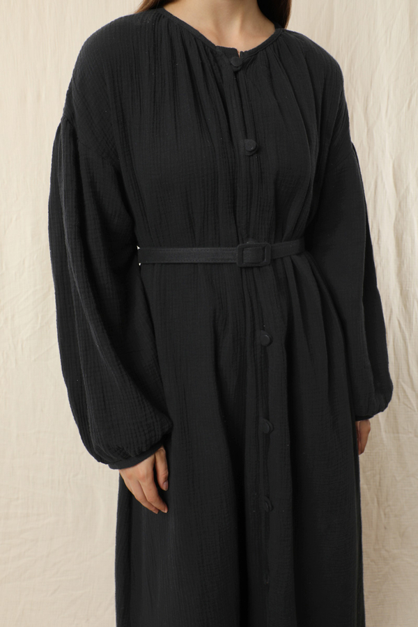 Yakası Büzgülü Düğmeli Elbise Siyah - 2