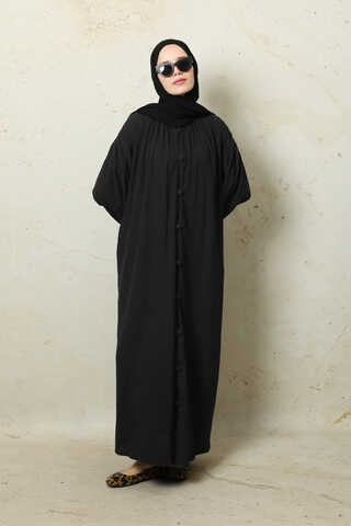 Yakası Büzgülü Düğmeli Elbise Siyah - 7
