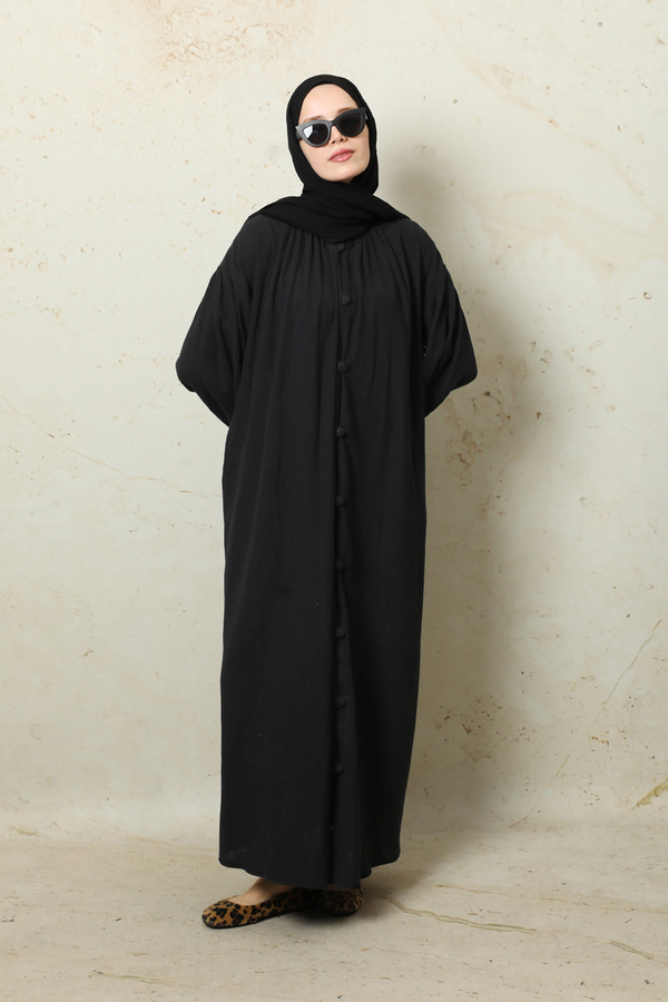 Yakası Büzgülü Düğmeli Elbise Siyah - 7