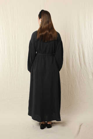 Yakası Büzgülü Düğmeli Elbise Siyah - 6