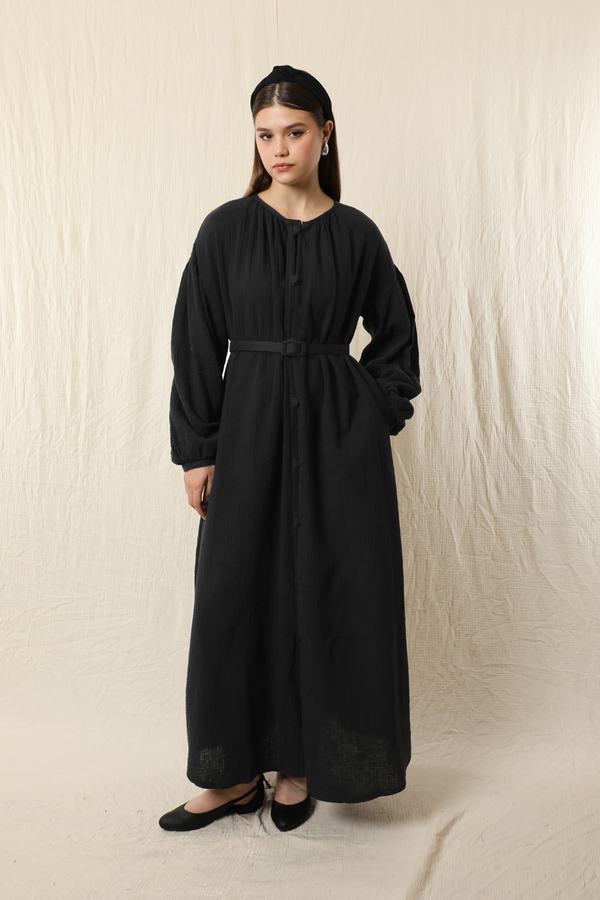 Yakası Büzgülü Düğmeli Elbise Siyah - 4