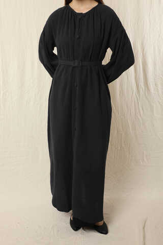 Yakası Büzgülü Düğmeli Elbise Siyah - 5