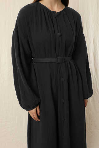 Yakası Büzgülü Düğmeli Elbise Siyah - 2