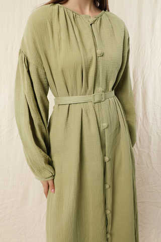 Yakası Büzgülü Düğmeli Elbise Yağ Yeşili - 3