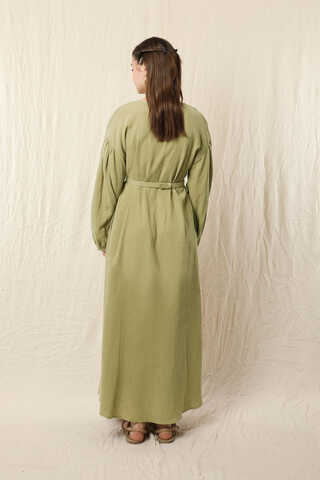 Yakası Büzgülü Düğmeli Elbise Yağ Yeşili - 6