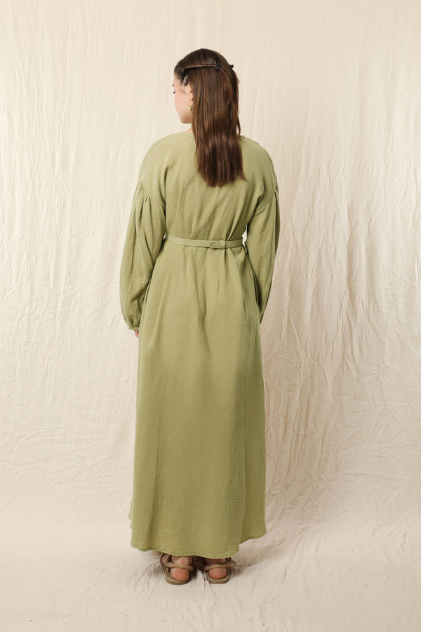 Yakası Büzgülü Düğmeli Elbise Yağ Yeşili - 6