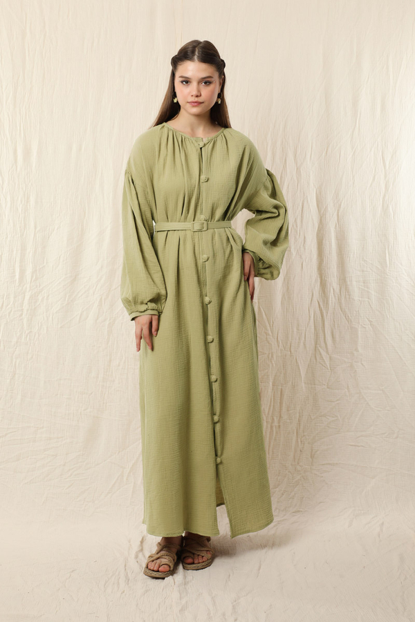 Yakası Büzgülü Düğmeli Elbise Yağ Yeşili - 2