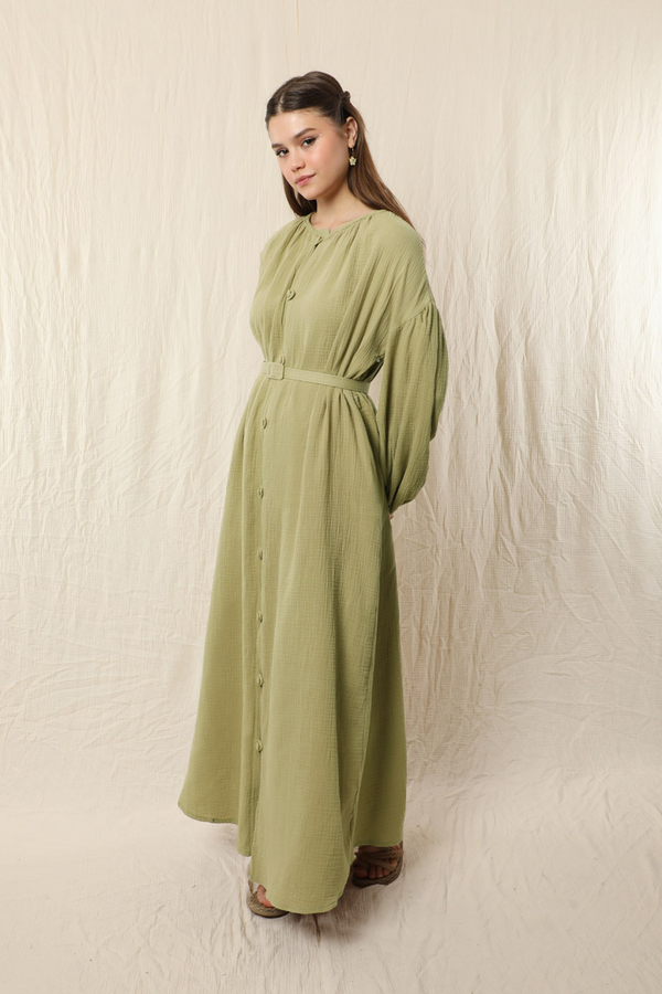 Yakası Büzgülü Düğmeli Elbise Yağ Yeşili - 5