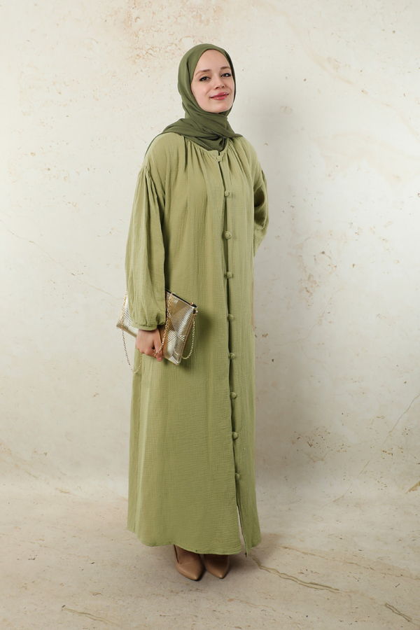 Yakası Büzgülü Düğmeli Elbise Yağ Yeşili - 7