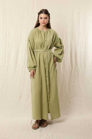 Yakası Büzgülü Düğmeli Elbise Yağ Yeşili - 2