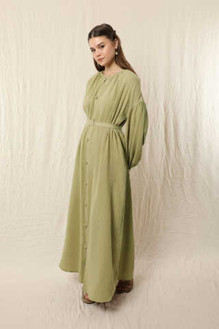 Yakası Büzgülü Düğmeli Elbise Yağ Yeşili - 5