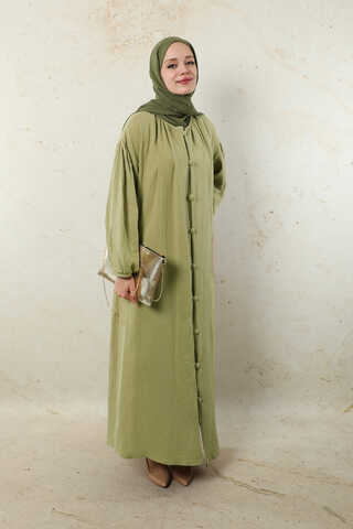 Yakası Büzgülü Düğmeli Elbise Yağ Yeşili - 7