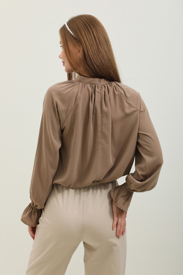 Yakası Büzgülü Gömlek Açık Taba - 5