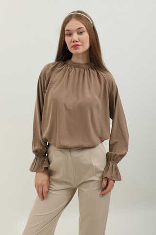 Yakası Büzgülü Gömlek Açık Taba - 1