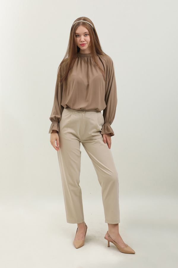 Yakası Büzgülü Gömlek Açık Taba - 2