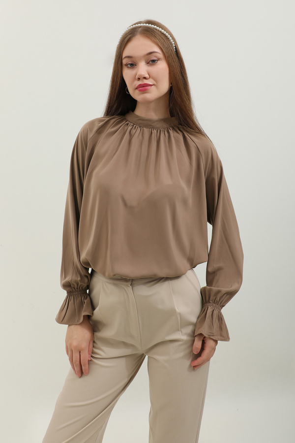 Yakası Büzgülü Gömlek Açık Taba - 1