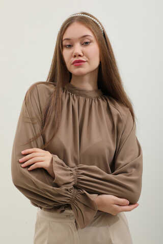 Yakası Büzgülü Gömlek Açık Taba - 3