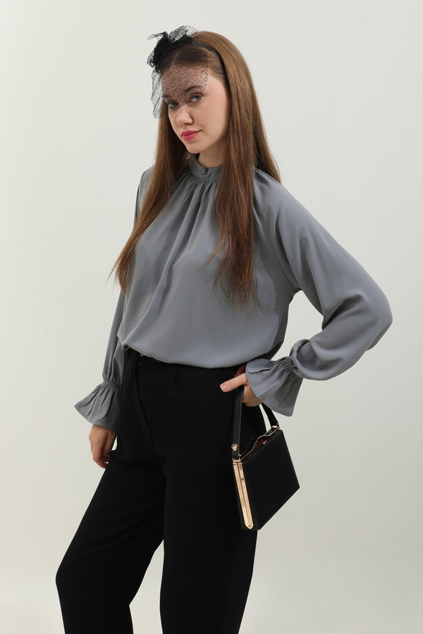 Yakası Büzgülü Gömlek Antrasit - 3