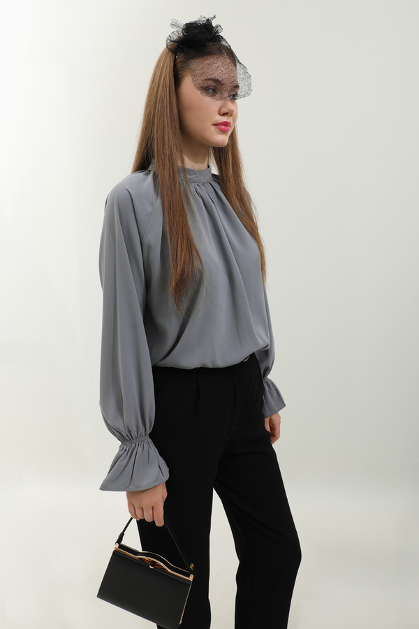 Yakası Büzgülü Gömlek Antrasit - 4