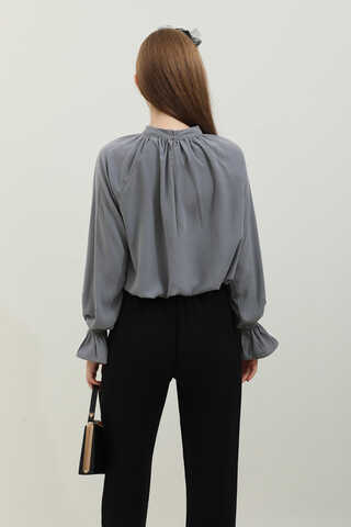 Yakası Büzgülü Gömlek Antrasit - 5