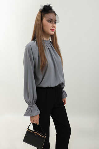 Yakası Büzgülü Gömlek Antrasit - 4