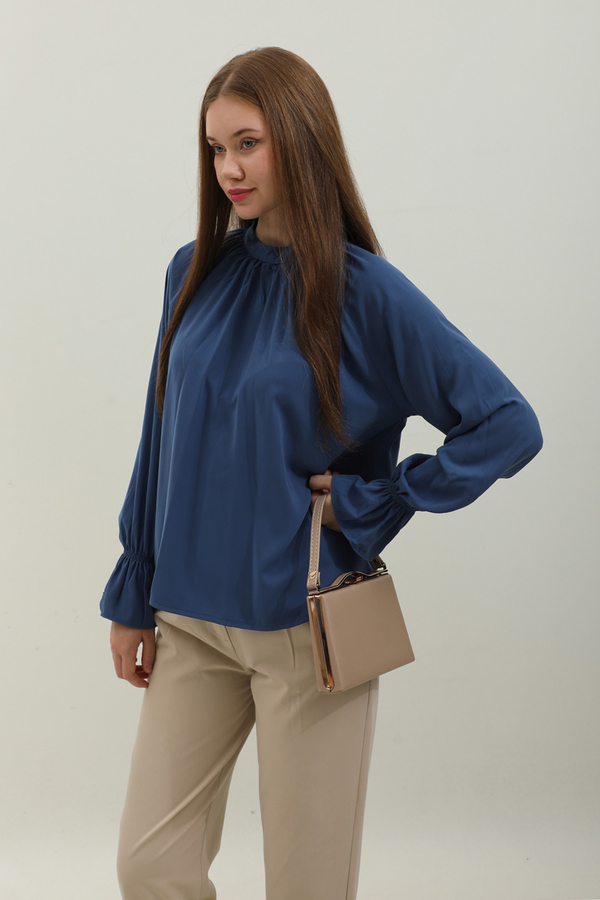 Yakası Büzgülü Gömlek Lacivert 