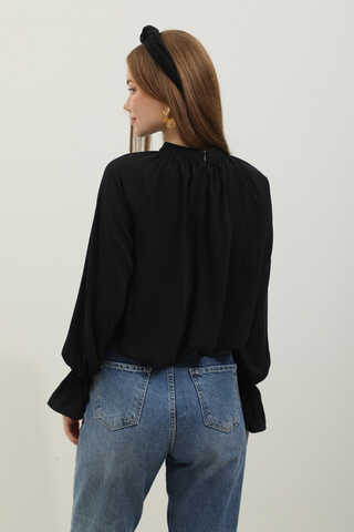 Yakası Büzgülü Gömlek Siyah - 6