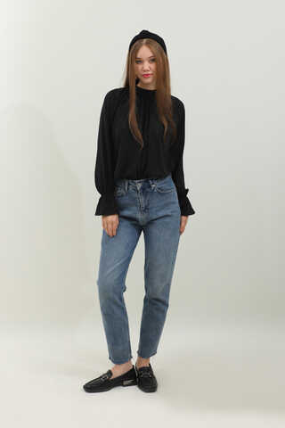 Yakası Büzgülü Gömlek Siyah - 2