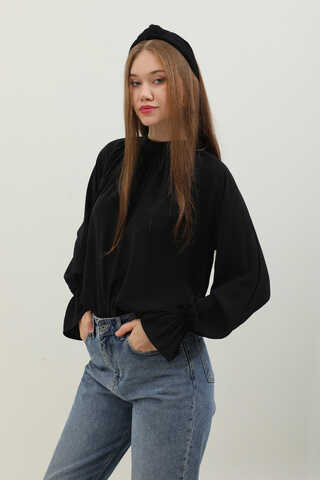 Yakası Büzgülü Gömlek Siyah - 4