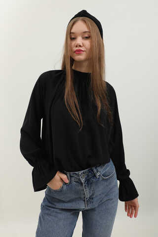 Yakası Büzgülü Gömlek Siyah - 1