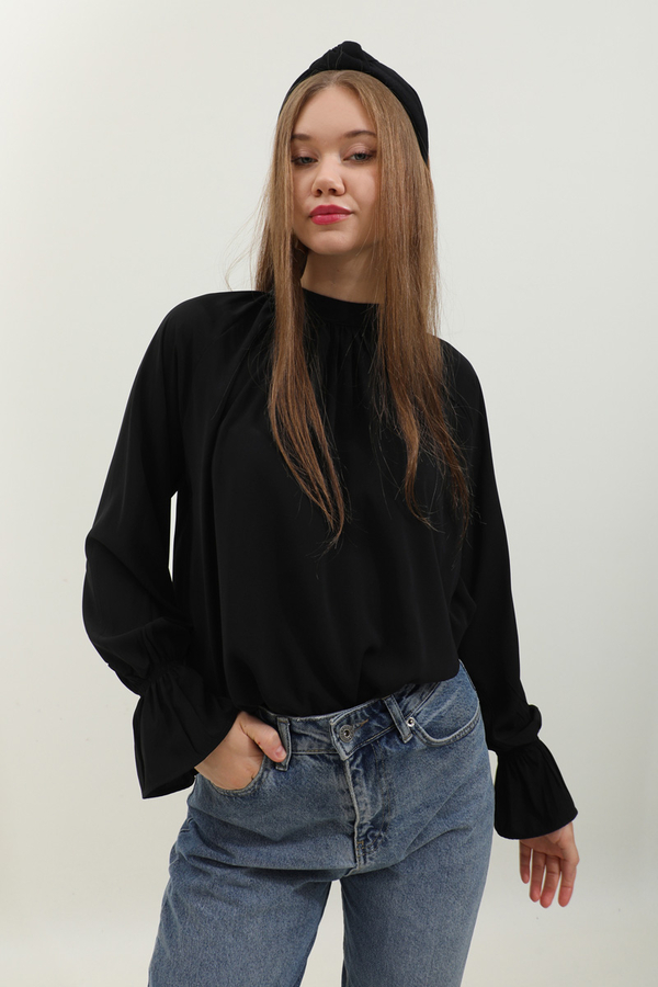 Yakası Büzgülü Gömlek Siyah - 1