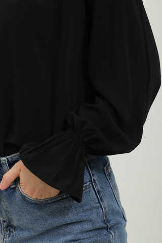 Yakası Büzgülü Gömlek Siyah - 3