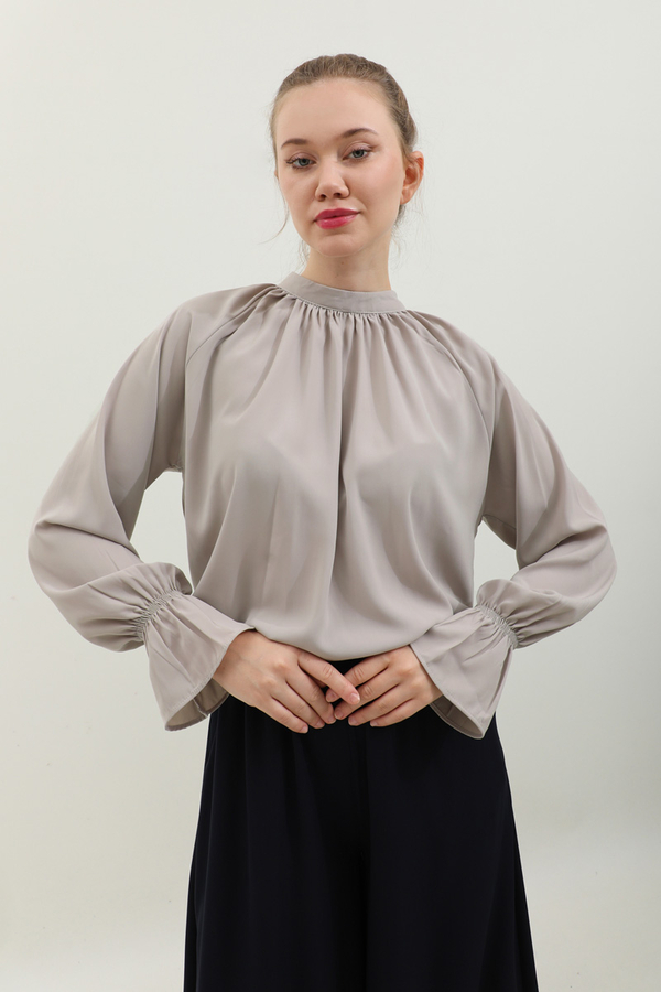 Yakası Büzgülü Gömlek Taş - 1