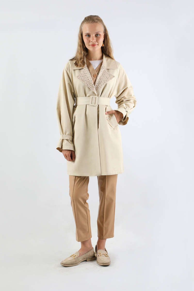 Yakası Desenli Midi Trençkot Ekru