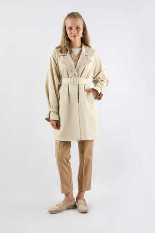 Yakası Desenli Midi Trençkot Ekru - 1