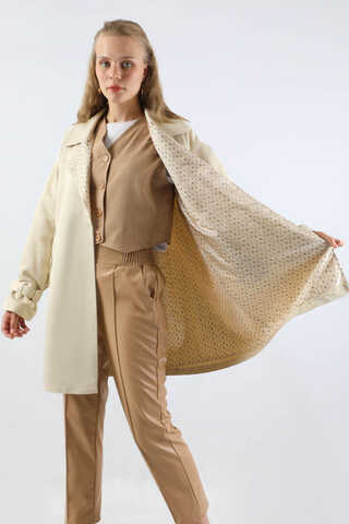 Yakası Desenli Midi Trençkot Ekru - 2