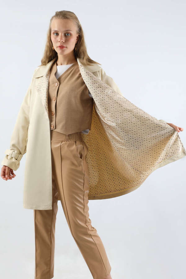 Yakası Desenli Midi Trençkot Ekru - 2