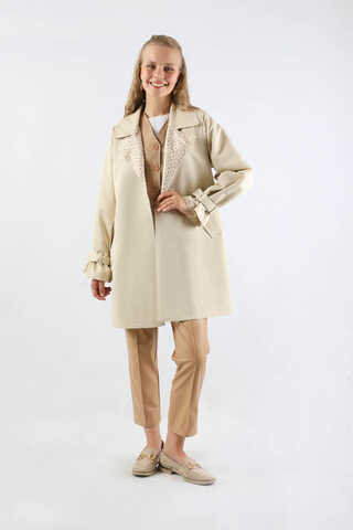 Yakası Desenli Midi Trençkot Ekru - 3