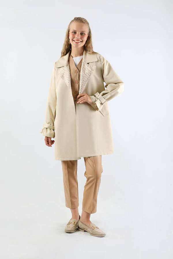 Yakası Desenli Midi Trençkot Ekru - 3